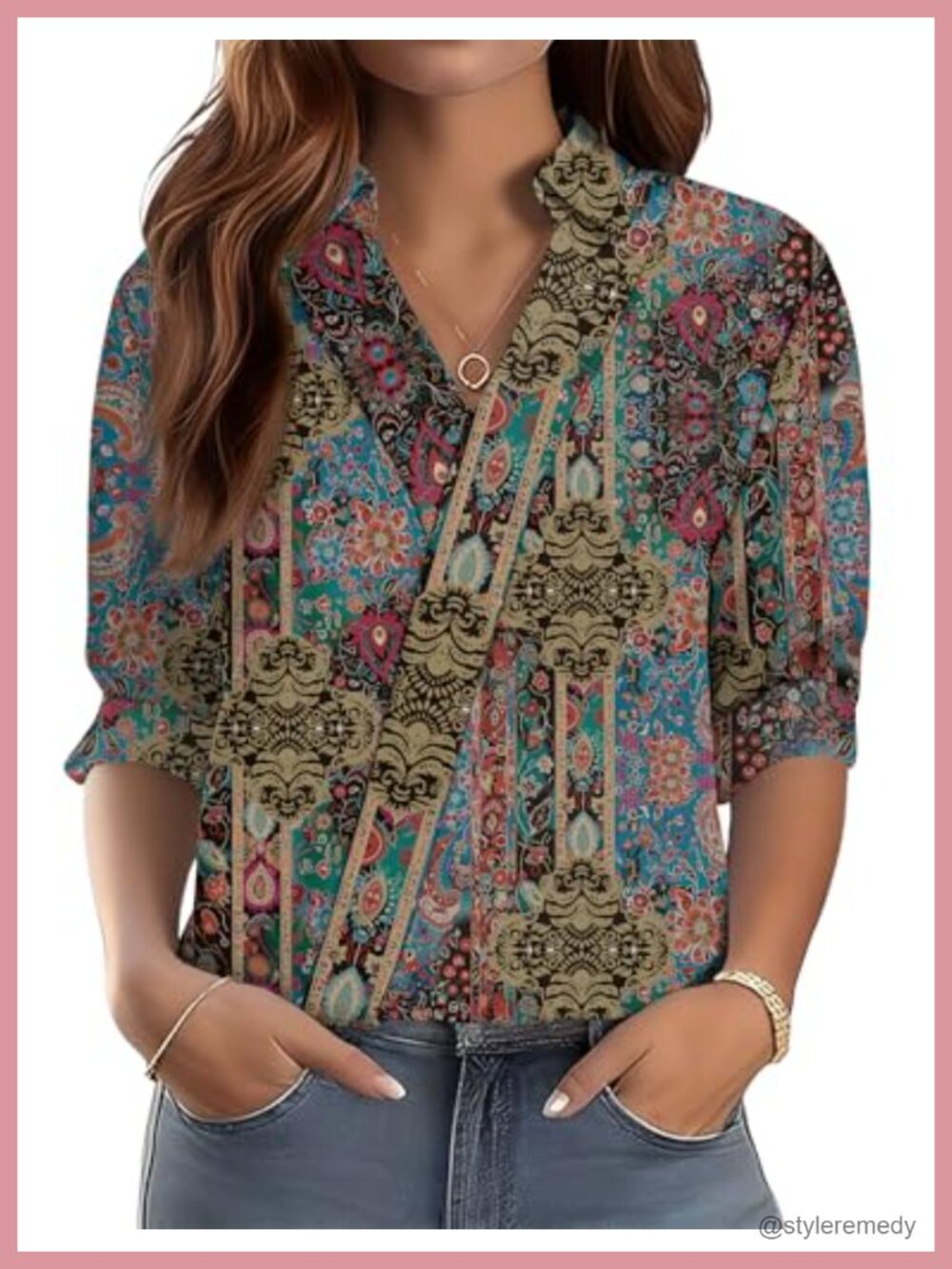 LOMON 3/4 Sleeve Women's Top Dressy V Neck Collared Blouse